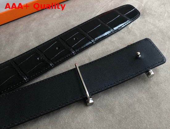 Hermes Hippique Belt Buckle and Leather Strap 38 mm Black Crocodile Leather Replica