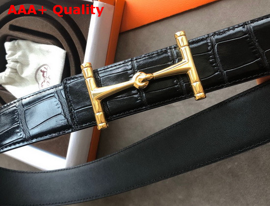 Hermes Hippique Belt Buckle and Leather Strap 38 mm Black Crocodile Leather Replica