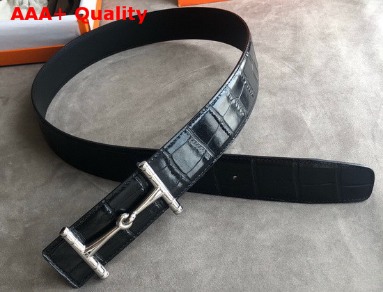Hermes Hippique Belt Buckle and Leather Strap 38 mm Black Crocodile Leather Replica
