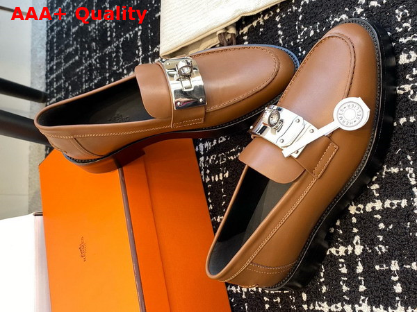 Hermes Hot Loafer in Brun Fume Calfskin with Iconic Oversized Kelly Buckle Replica