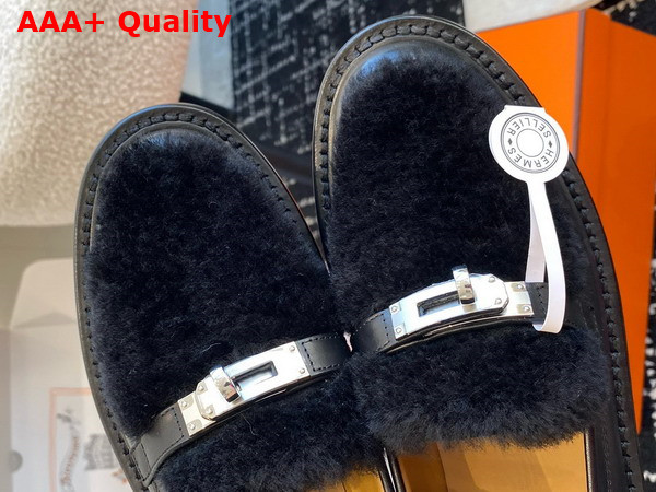 Hermes Icone Loafer in Noir Calfskin and Shearling with Functional Kelly Buckle Replica