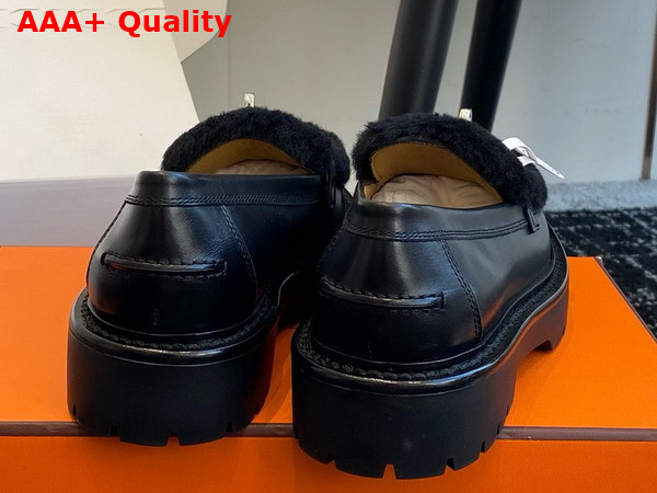 Hermes Icone Loafer in Noir Calfskin and Shearling with Functional Kelly Buckle Replica