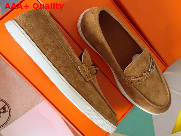 Hermes Ignacio Loafer in Brun Fume Suede Calfskin with Braided Leather Cord Replica