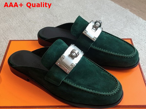 Hermes Iota Mule in Vert Fonce Suede Goatskin Replica