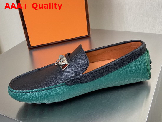 Hermes Irving Loafer in Epsom Calfskin with Ruthenium Pleated Mini Dog Hardware Green Black Replica