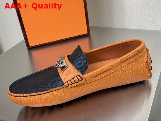 Hermes Irving Loafer in Epsom Calfskin with Ruthenium Pleated Mini Dog Hardware Orange Black Replica