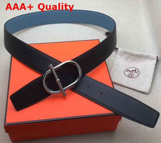 Hermes Ithaque Belt Buckle Reversible Leather Strap 38mm Bleu France Noir Replica
