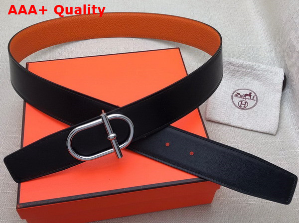 Hermes Ithaque Belt Buckle Reversible Leather Strap in Box 135 and Togo Calfskin Noir Orange Replica