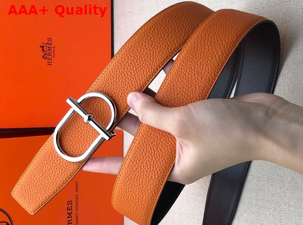 Hermes Ithaque Belt Buckle Reversible Leather Strap in Box 135 and Togo Calfskin Noir Orange Replica