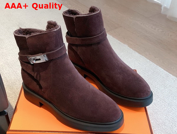 Hermes Jeff Ankle Boot in Bordeaux Suede Calfskin with Shearling Replica