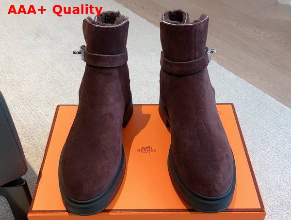 Hermes Jeff Ankle Boot in Bordeaux Suede Calfskin with Shearling Replica