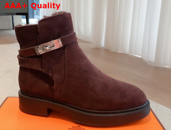 Hermes Jeff Ankle Boot in Bordeaux Suede Calfskin with Shearling Replica
