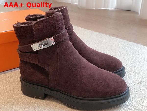 Hermes Jeff Ankle Boot in Bordeaux Suede Calfskin with Shearling Replica