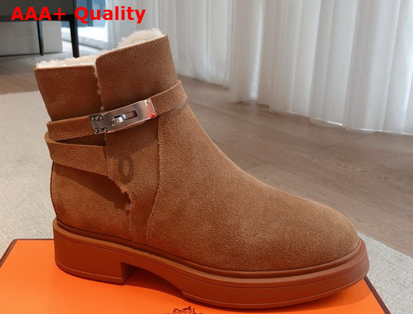 Hermes Jeff Ankle Boot in Tan Suede Calfskin with Shearling Replica