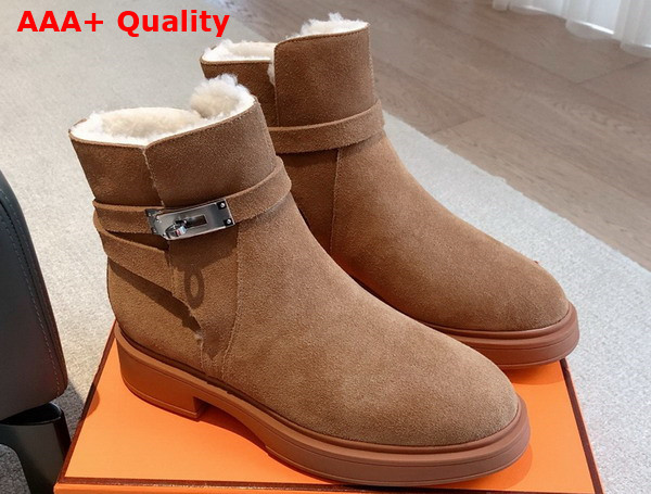 Hermes Jeff Ankle Boot in Tan Suede Calfskin with Shearling Replica