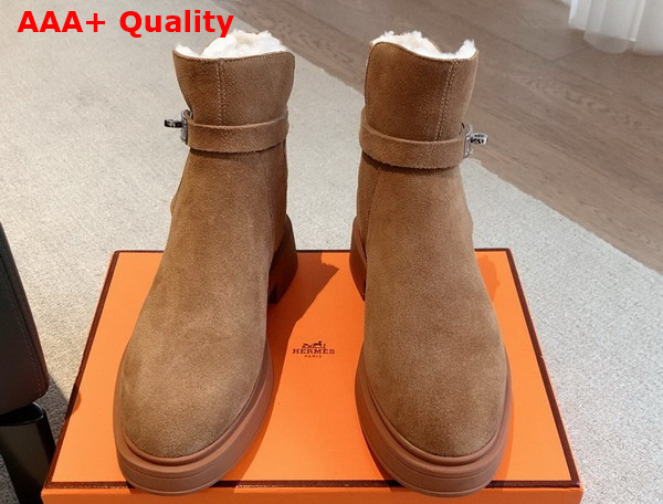 Hermes Jeff Ankle Boot in Tan Suede Calfskin with Shearling Replica