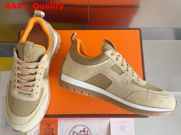 Hermes Jimmy Sneaker Beige Argile Technical Canvas and Suede Goatskin Top Grade Quality Replica