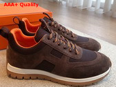 Hermes Jimmy Sneaker Marron Ebene Technical Canvas and Suede Goatskin Replica