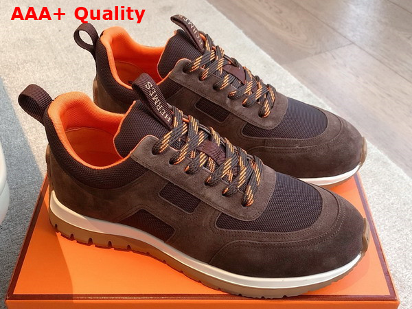 Hermes Jimmy Sneaker Marron Ebene Technical Canvas and Suede Goatskin Replica