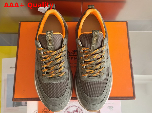 Hermes Jimmy Sneaker in Khaki Technical Canvas and Suede Goatskin Top Grade Quality Replica