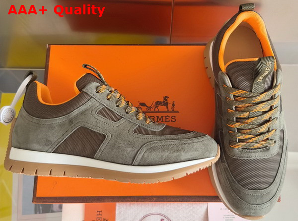 Hermes Jimmy Sneaker in Khaki Technical Canvas and Suede Goatskin Top Grade Quality Replica