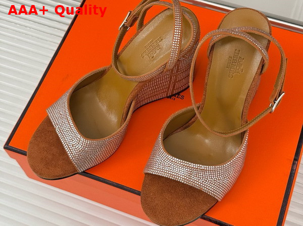 Hermes Jolie 100 Sandal in Tan Suede Goatskin with Rhinestone Details Replica