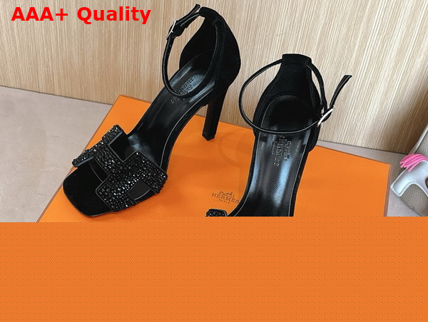 Hermes Joy 70 Sandal in Noir Suede Goatskin with Rhinestone Details Replica