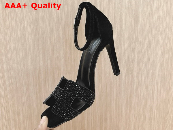Hermes Joy 70 Sandal in Noir Suede Goatskin with Rhinestone Details Replica
