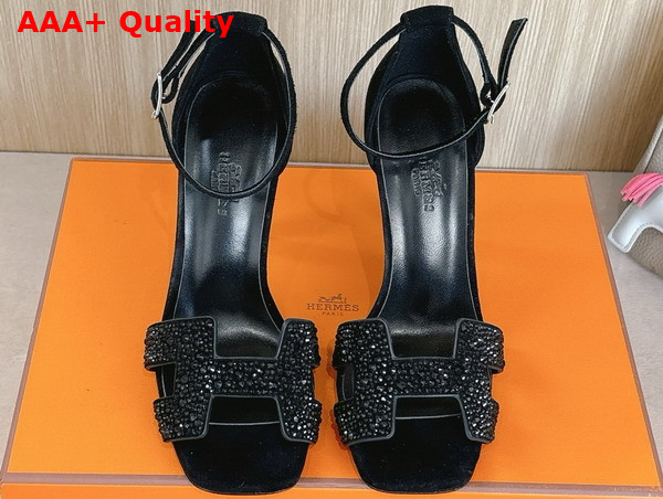 Hermes Joy 70 Sandal in Noir Suede Goatskin with Rhinestone Details Replica