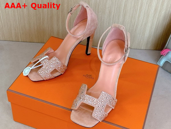 Hermes Joy 70 Sandal in Nude Suede Goatskin with Rhinestone Details Replica