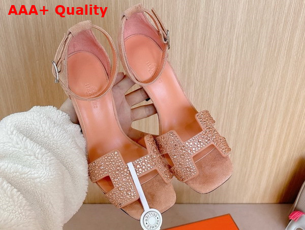 Hermes Joy 70 Sandal in Nude Suede Goatskin with Rhinestone Details Replica