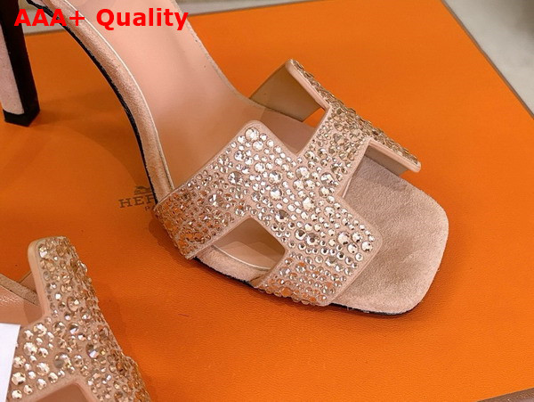 Hermes Joy 70 Sandal in Nude Suede Goatskin with Rhinestone Details Replica