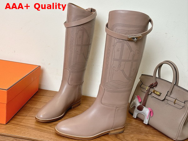 Hermes Jumping Boot in Beige Embroidered Calfskin Replica