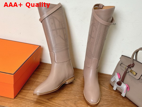 Hermes Jumping Boot in Beige Embroidered Calfskin Replica