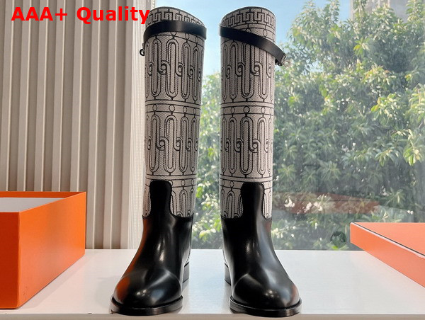 Hermes Jumping Boot in Calfskin and Printed H Canvas Prunoir Noir Replica