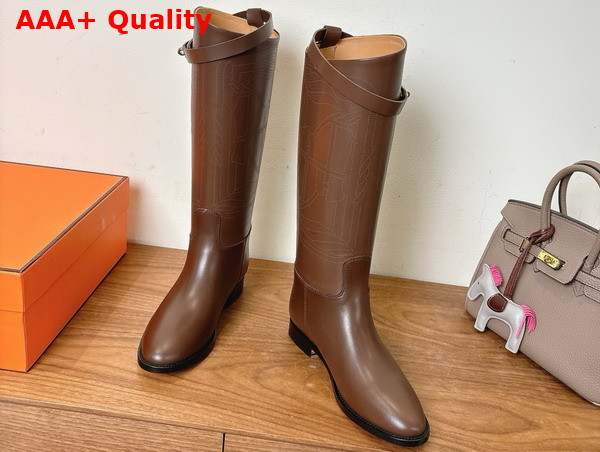 Hermes Jumping Boot in Chocolate Embroidered Calfskin Replica