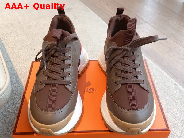 Hermes Jumpy Sneaker in Chocolate Technical Jersey and Calfskin Replica
