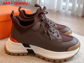 Hermes Jumpy Sneaker in Chocolate Technical Jersey and Calfskin Replica