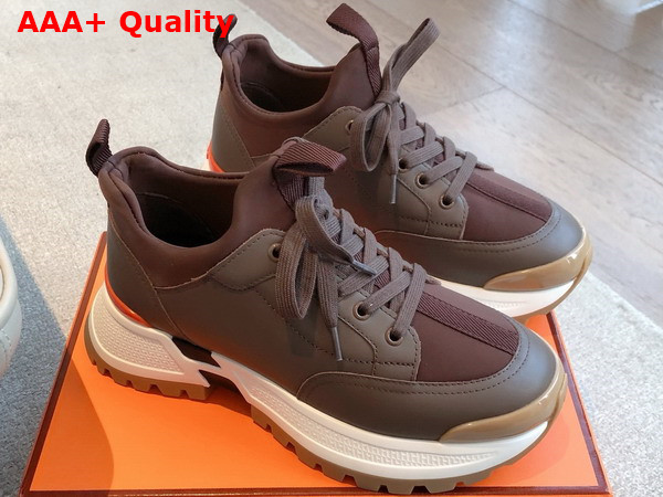 Hermes Jumpy Sneaker in Chocolate Technical Jersey and Calfskin Replica