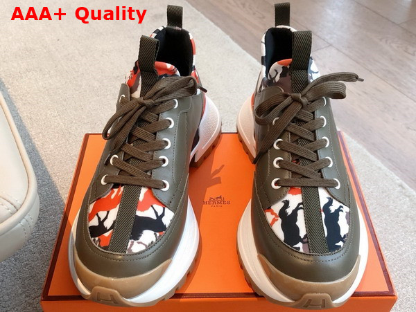 Hermes Jumpy Sneaker in Khaki Multicolor Technical Jersey and Calfskin Replica