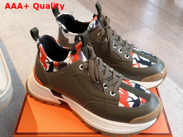 Hermes Jumpy Sneaker in Khaki Multicolor Technical Jersey and Calfskin Replica