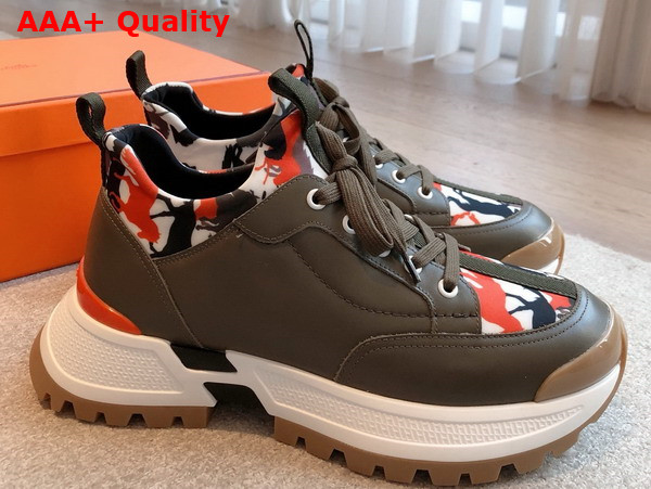 Hermes Jumpy Sneaker in Khaki Multicolor Technical Jersey and Calfskin Replica