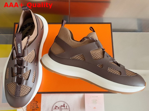 Hermes Katana Sneaker in Chocolate Knit and Calfskin Replica