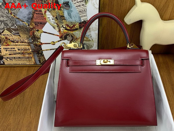 Hermes Kelly 25 Bag in Burgundy Box Leather Replica