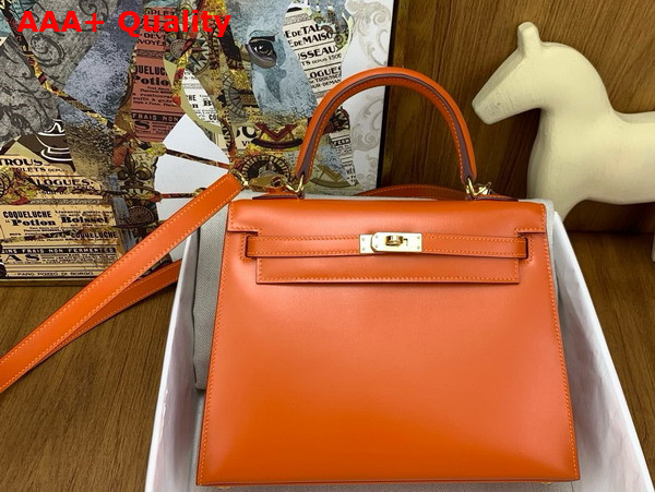 Hermes Kelly 25 Bag in Orange Box Leather Replica
