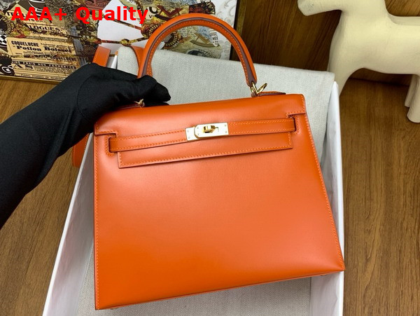 Hermes Kelly 25 Bag in Orange Box Leather Replica
