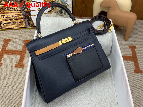 Hermes Kelly 25 Colormatic Blue Black Chai Swift Calfskin Replica