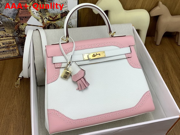 Hermes Kelly 28 Ghillies Togo Leather and Swift Leather Lace Trim White and Pink Replica