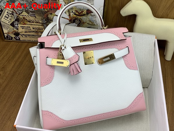 Hermes Kelly 28 Ghillies Togo Leather and Swift Leather Lace Trim White and Pink Replica