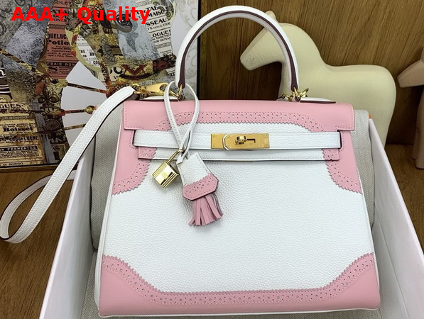 Hermes Kelly 28 Ghillies Togo Leather and Swift Leather Lace Trim White and Pink Replica